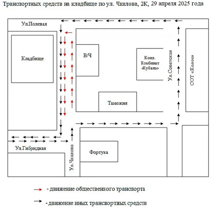Схема движения транспортных средств на кладбище по ул. Чкалова, 2К, 29 апреля 2025 года
